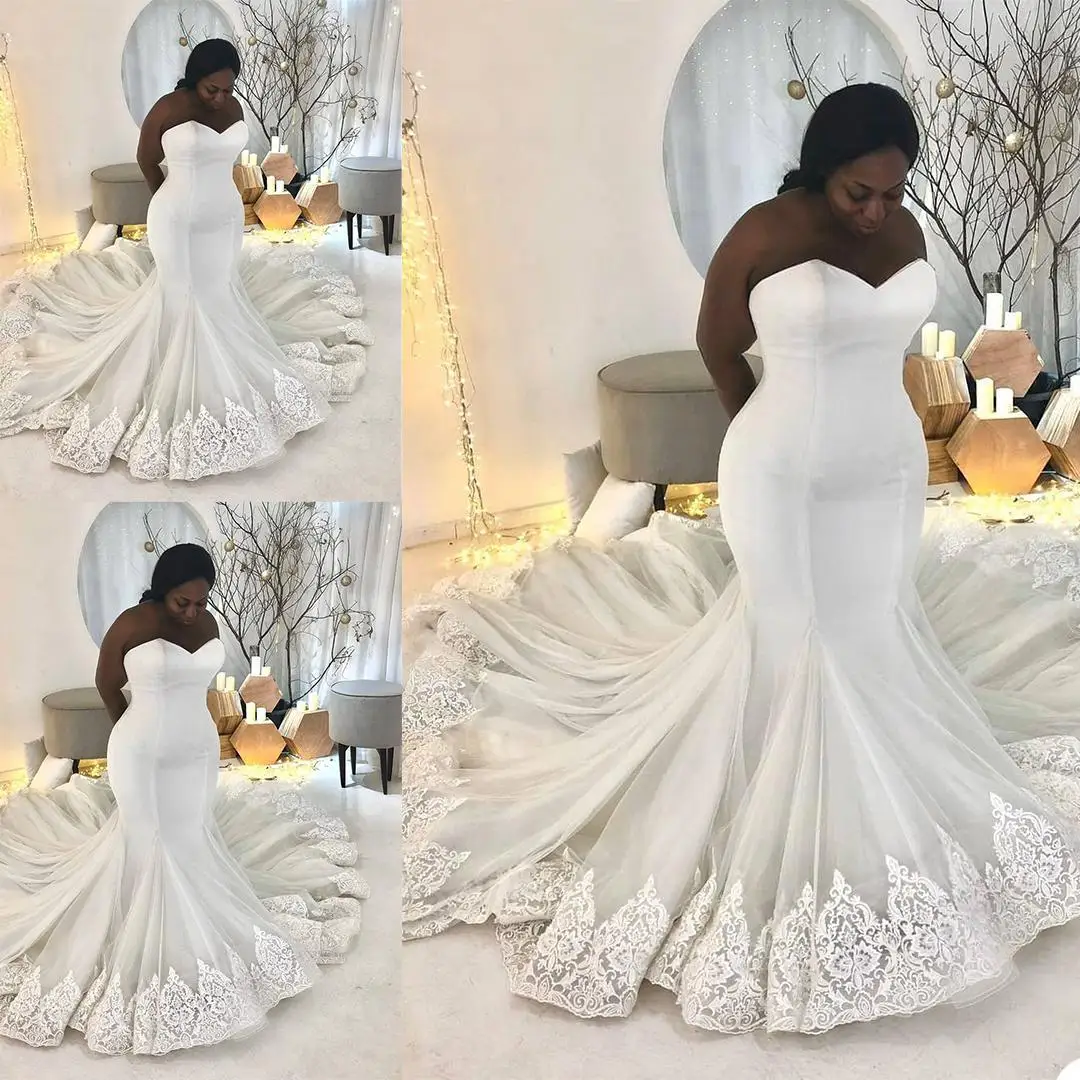 

African Dubai Arabic Plus Size Mermaid Wedding Dress Lace Appliqued Bridal Gowns Sweetheart Corset Up Sweep Train Formal Dress
