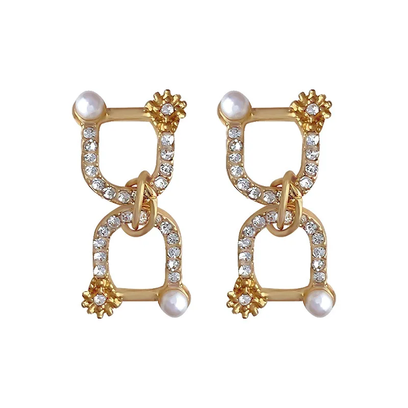 

925 Silver Needle Korean Fashion Earrings Retro Diamond Inlaid Pearl Geometric Earrings Fashion Jewelry 2021 New