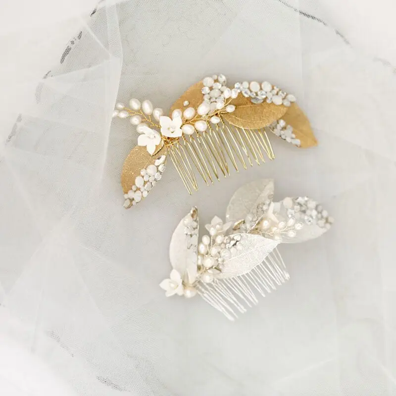 

Floralbride Handmade Alloy Leaf Freshwater Pearls Ceram Flower Bridal Hair Comb Wedding Headdress Hair Accessories Women Jewelry