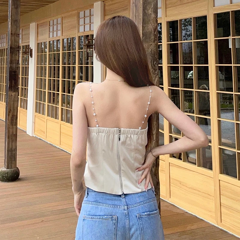 Fashionable and thin high-quality French pearl camisole 2021NEW summer pearl satin belt chest pad sexy tight ladies tube top