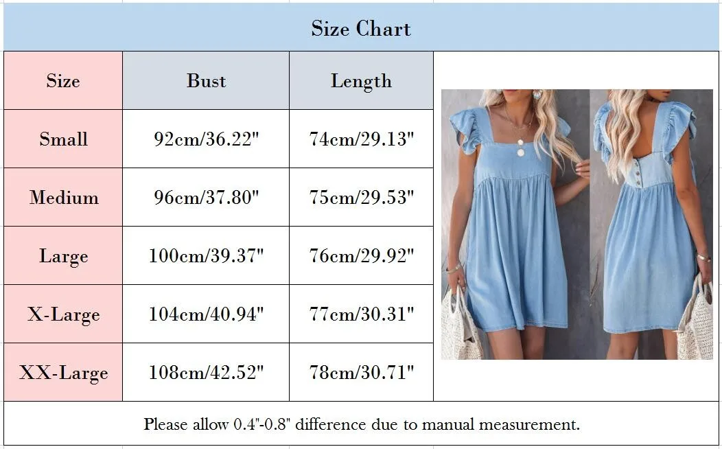 

Women Ruffled Mini Dress Summer Denim Blue Dress Casual Butterfly Flowy Swing Loose Mini Dress Beach Sweet Wear