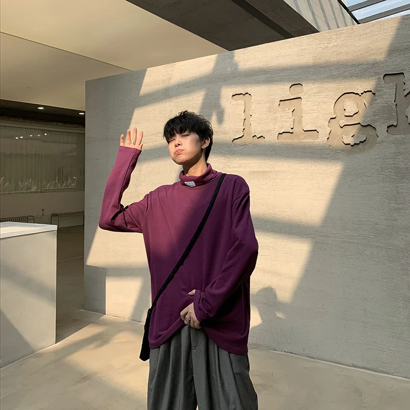 

Spring T-Shirt Art Men Hong Kong Style High Neck Loose Long-Sleeved Boys Solid Color Couple Fashion Casual Bottoming Tops Tees