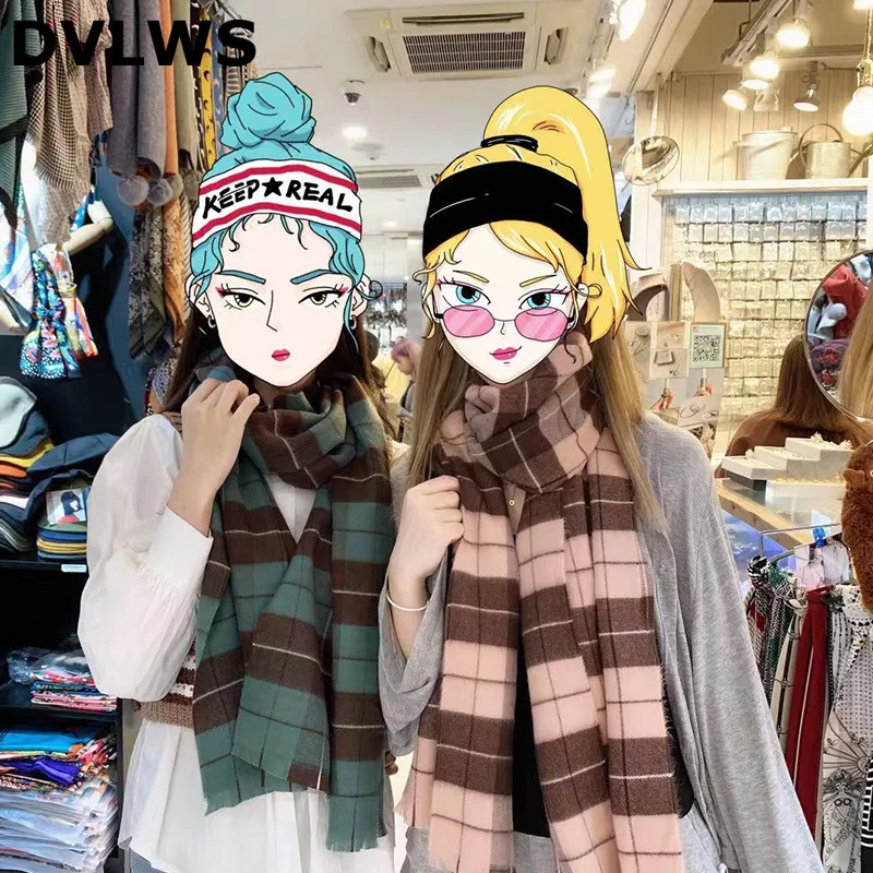 

2019 Newest Korea Dongdaemun Plaid Cashmere Lover Scarf Women Autumn Winter Warm Thick Scarves Wholesale Blue Green Khaki,Pink