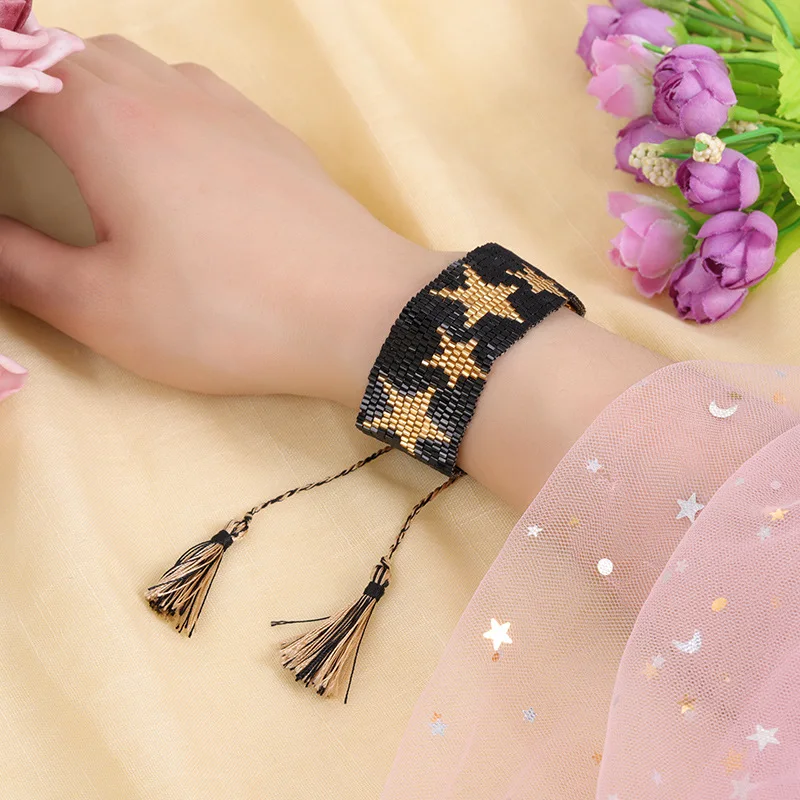 

INS Lucky Bracelet Star Miyuki Beads Bracelet For Women Fashion Handmade Weave Tassel Bracelets Black Gold Color Female Jewelry
