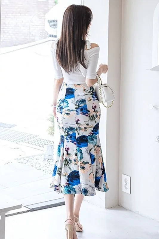 

Professionally suitable for women 2021 spring and summer slim casual knit top + fashion print bag hip fishtail skirt suit