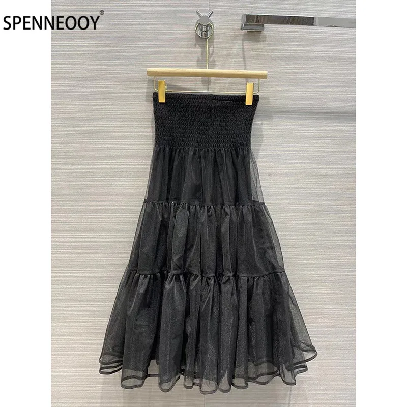 

Женская винтажная длинная юбка из органзы SPENNEOOY, дизайнерская черная бальная юбка с поясом на резинке на осень