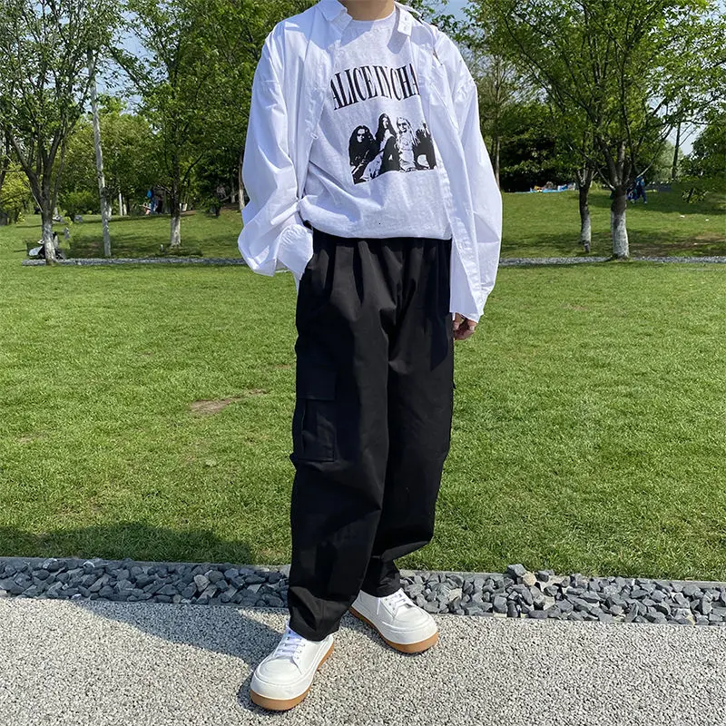 

2021 Loose Straight Multi Pocket Cargo Pants For Men New Solid Color Black White Casual Pants Korean Loose Sweatpants