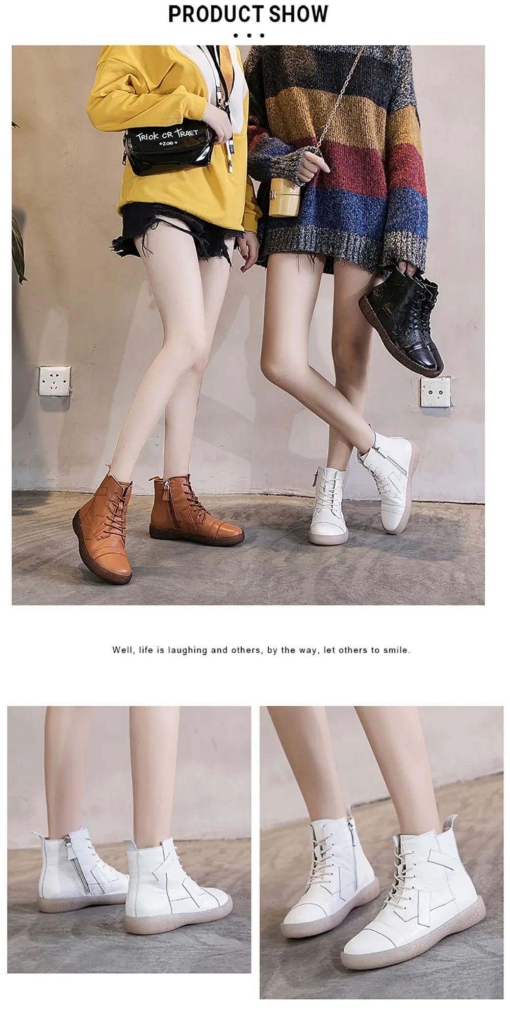 PEIPAH Women's Genuine Leather Shoes Woman Ankle Boots Female Retro Flat With Zip Women's Shoes Autumn Winter Bootee Woman
