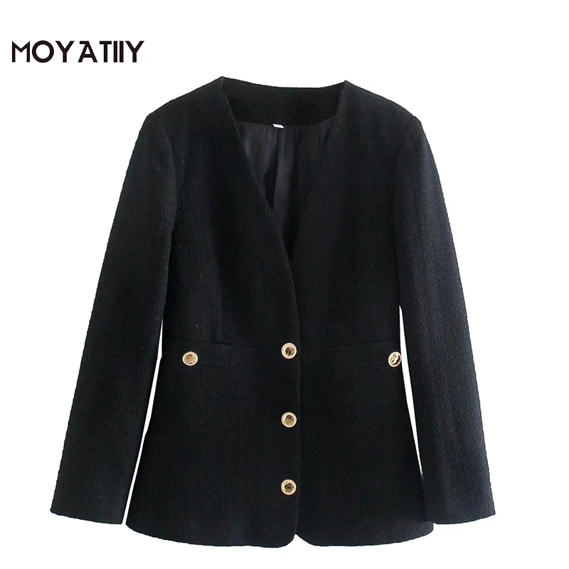 

MOYATIIY женский 2021 модный тонкий твидовый Блейзер Пальто Винтажное с длинным рукавом офисные женские пальто с V-образным вырезом Женские топы