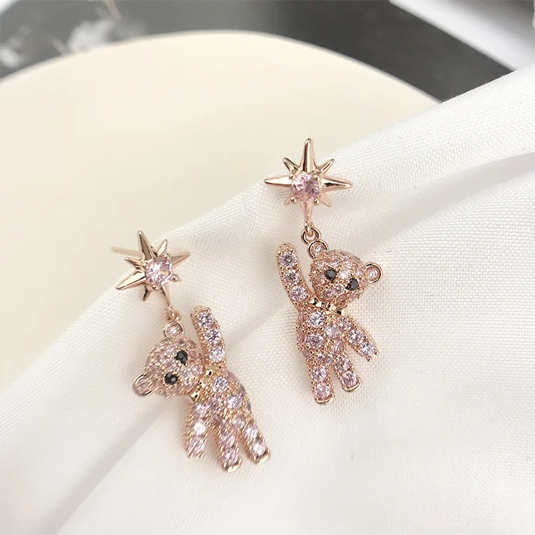 

Luxury Female Pink Crystal Drop Earrings Classic Gold Color Dangle Earrings For Women Charm Zircon Star Bear Wedding Earrings