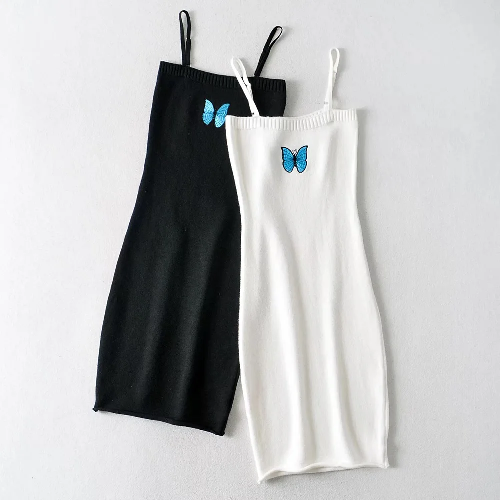 

Retro Embroidery Butterfly Cardigan style Long sleeve Knitted Sweater Slash Collar Package hips Midi Long Dress