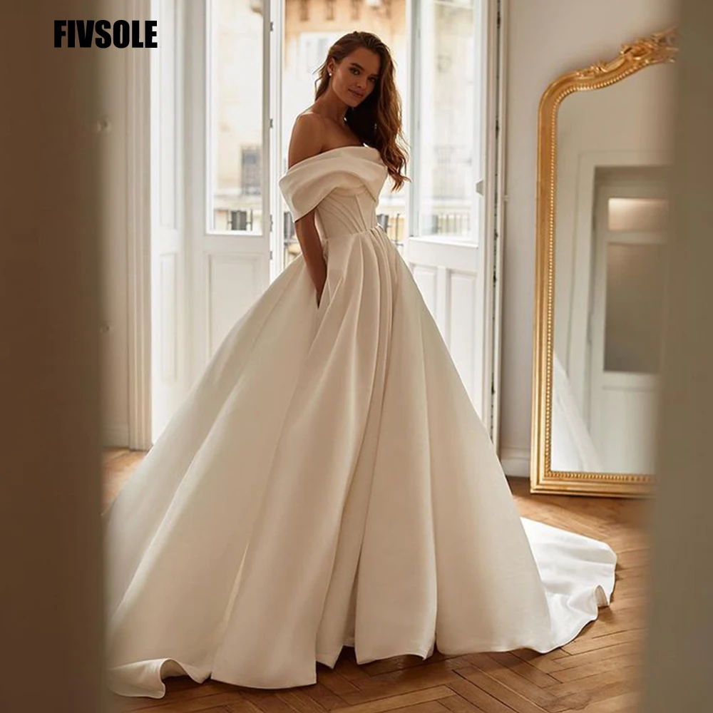 

Fivosle A line Wedding Dress 2021 Vintage Satin With Fish Bone Modern Dridal Robe de mariee Vestido De Noiva Sweep Train Lace-up