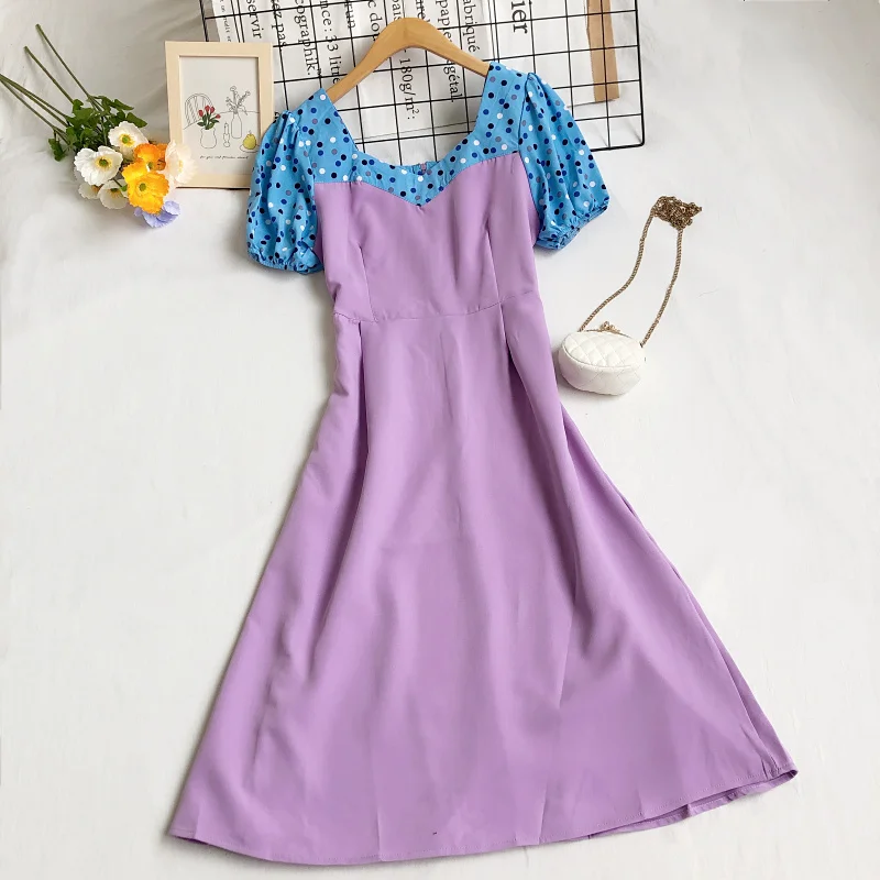

Kimutomo Elegant Square Collar Dress Women Summer Korean Puff Sleeve Dot Print Patchwork High Waist Midi Vestido Casual Fashion