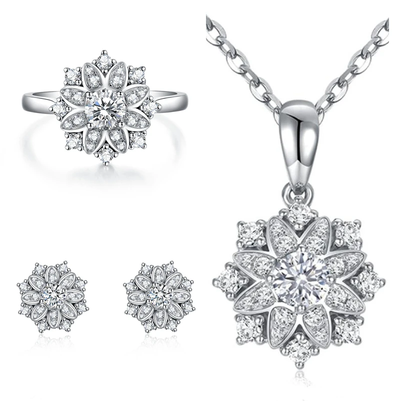 

New Arrival Lady Silver Plated Necklace Earrings For Women Jewelry Set Trendy Crystal Flower Ring Bride Wedding Bijou