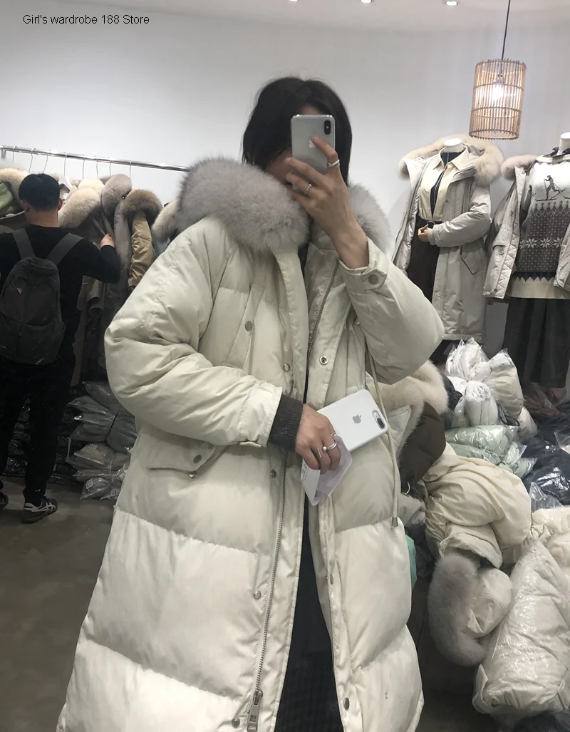 

hello maide Korean 2019 Winter fox fur down jacket women's Korean style mid-length white duck down 19284B