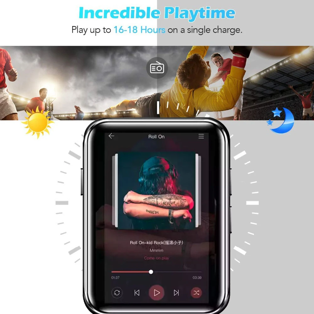

Mini Sports Portable Bluetooth 5.0 MP3 Player Metal Back Clip 1.8 Inch HD Screen Built-in Speaker High Fidelity Music Quality