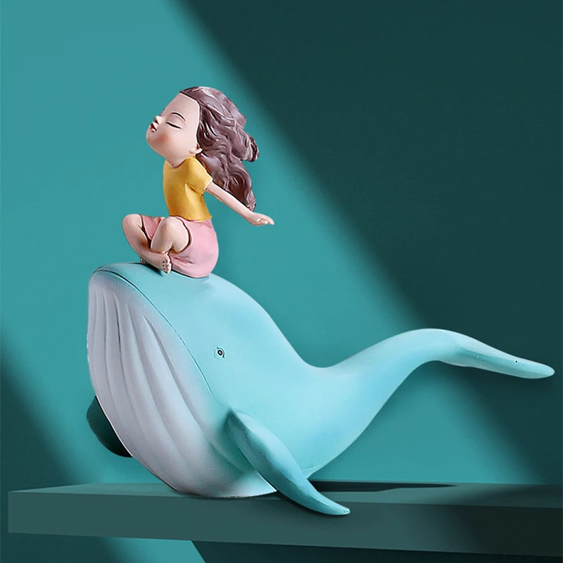 

Healing girl whale dolphin figurine ornaments for home decoration accessories living room wine cabinet decor fish resin statue