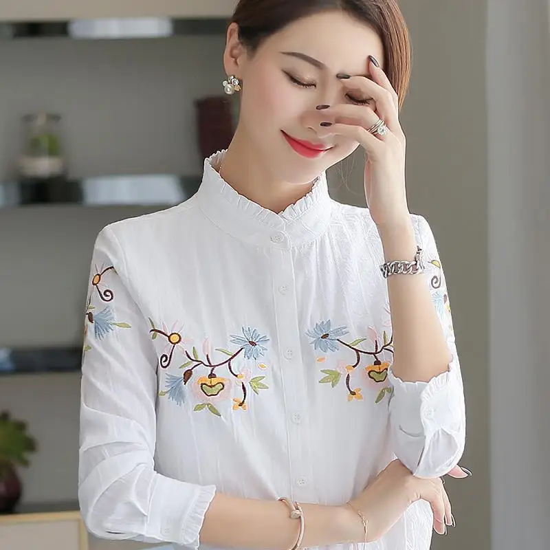 Женская блузка на осень и зиму женский топ с вышивкой белая рубашка длинным