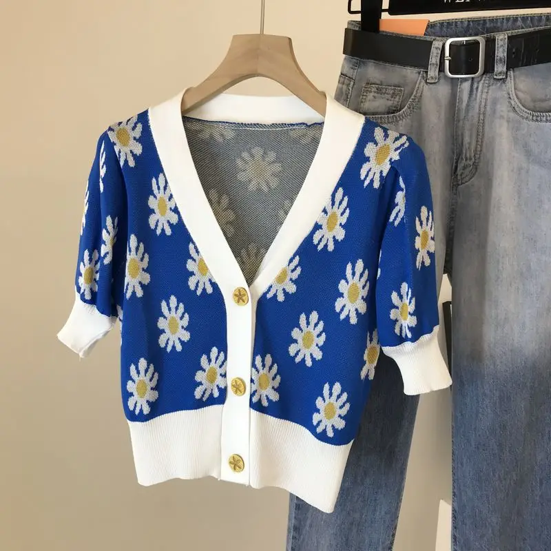 

2021 Summer New Sweet Retro Flower Print Short Sleeve Thin Wool Knit Cardigan knitted cardigan Casual V-Neck