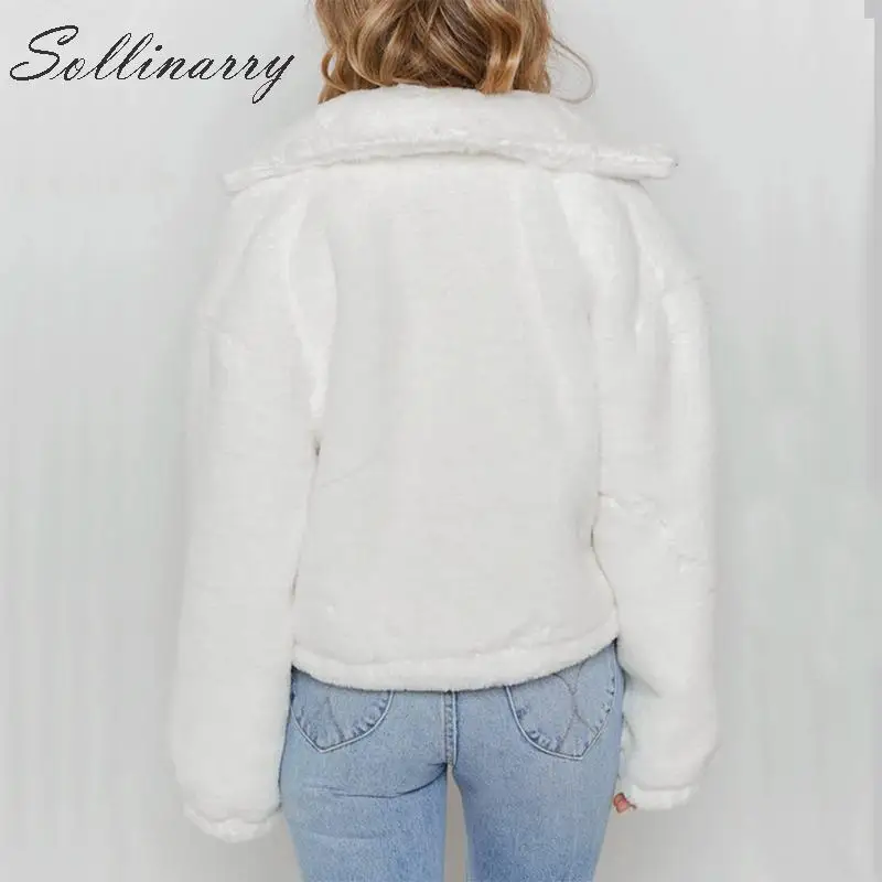 Sollinarry/модные зимние плюшевые пальто, куртки для женщин, искусственный мех, милые осенние свободные пальто на молнии, женские теплые шикарные топы, верхняя одежда
