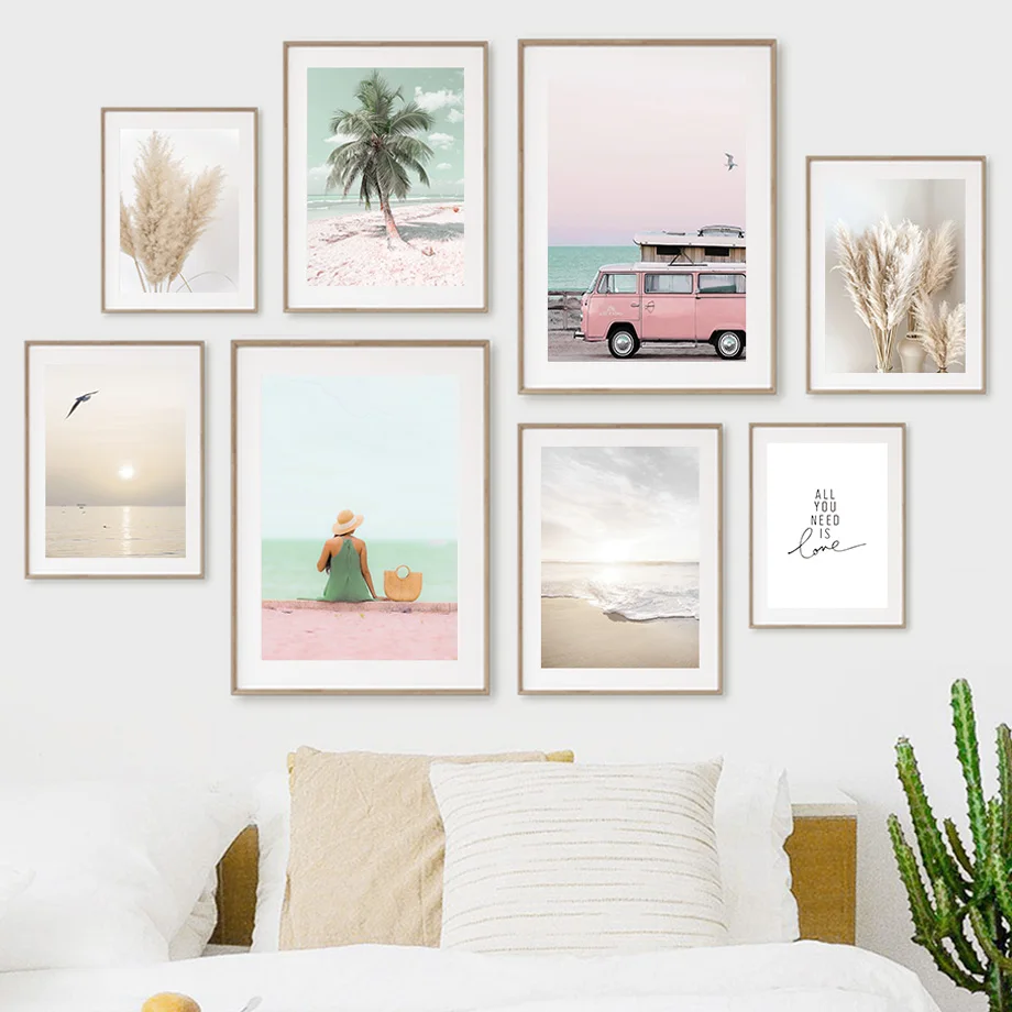 Beige Grass Sunset Beach Palm Tree Car Wall Art Canvas Painting Nordic Posters And Prints Pictures For Living Room Decor | Дом и сад