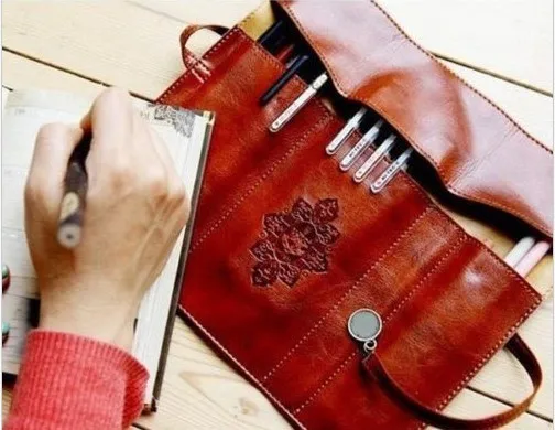 New Style Retro Roll PU Leather Purse Pouch Portable Makeup Pem Pencil Case Pencil Bag Storage Bags School Office Supplies