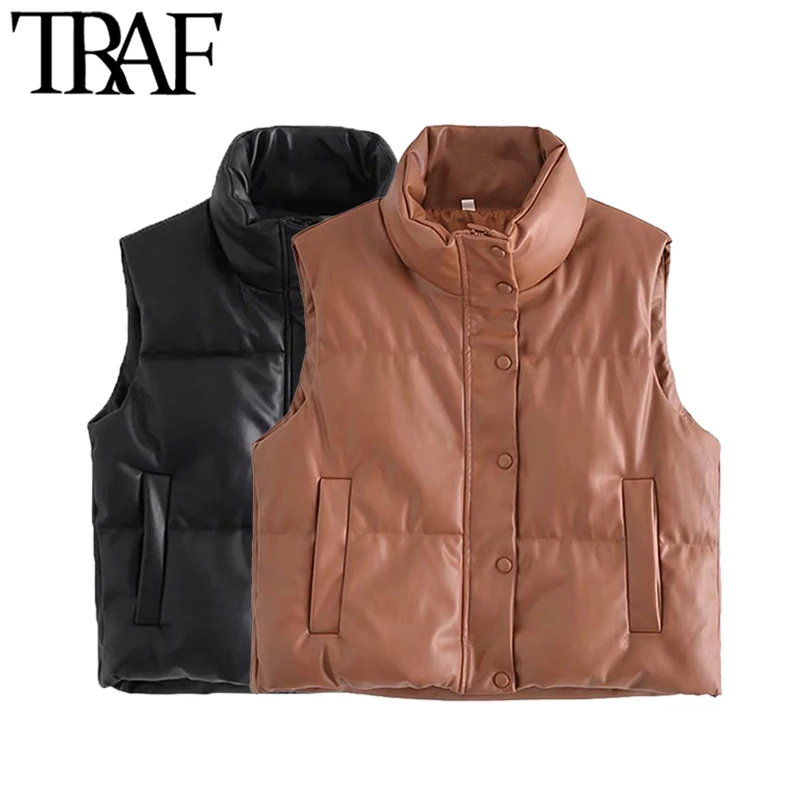 

TRAF Women Fashion With Drawstrings Faux Leather Padded Waistcoat Vintage High Neck Side Pockets Female Outerwear Mujer