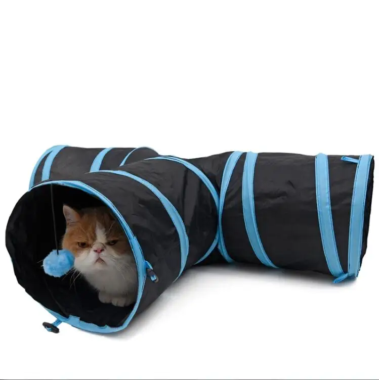 3/4 путь Кошка Туннель Pet интерактивный Щенок трубка Котенок Играть игрушка кролик скрывает - Цвет: 3 Holes Blue