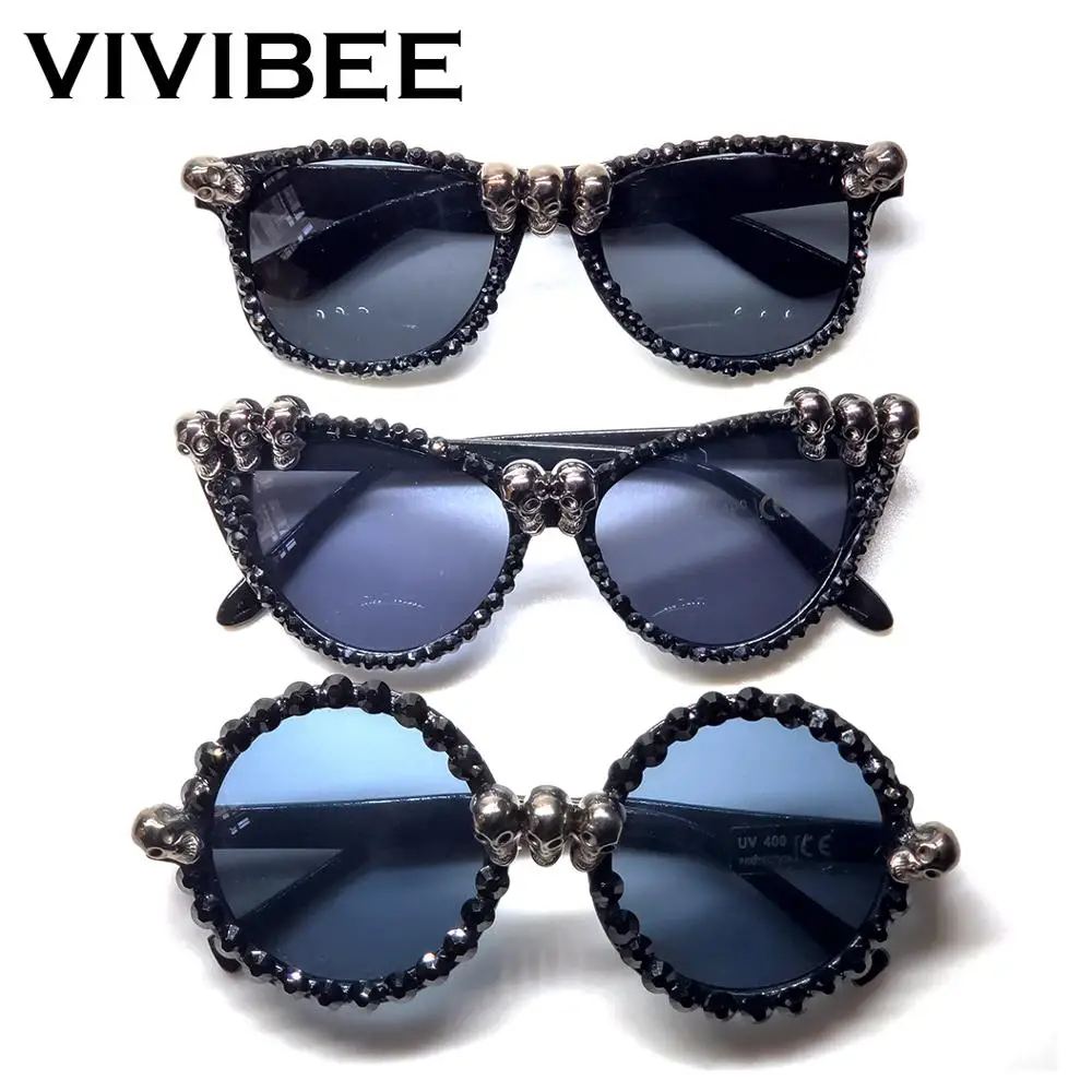 Женские винтажные солнцезащитные очки кошачий глаз черные со стразами круглые
