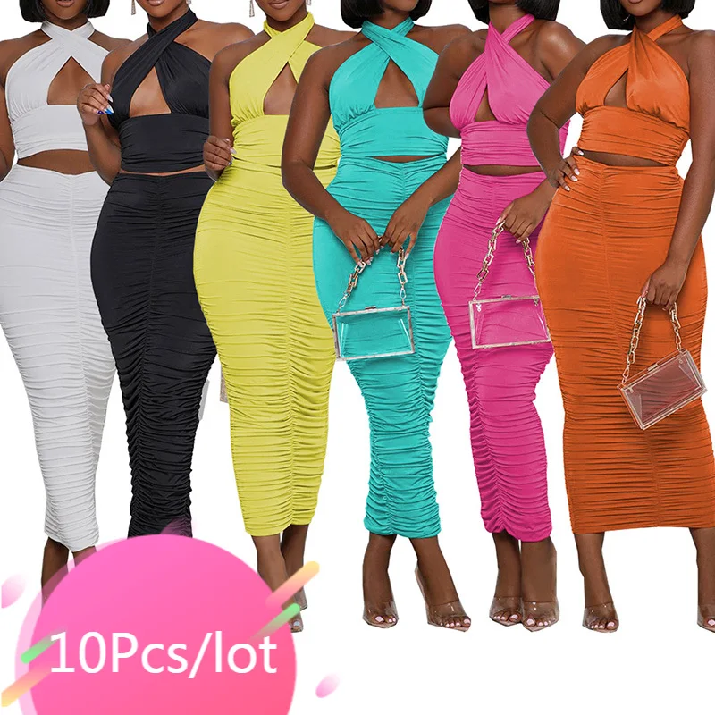 

Bulk Items Wholesale Lots Summer Two Piece Sets for Women Halter Cut Out Tops and Ruched Skirts Set Night Club Party Outfits