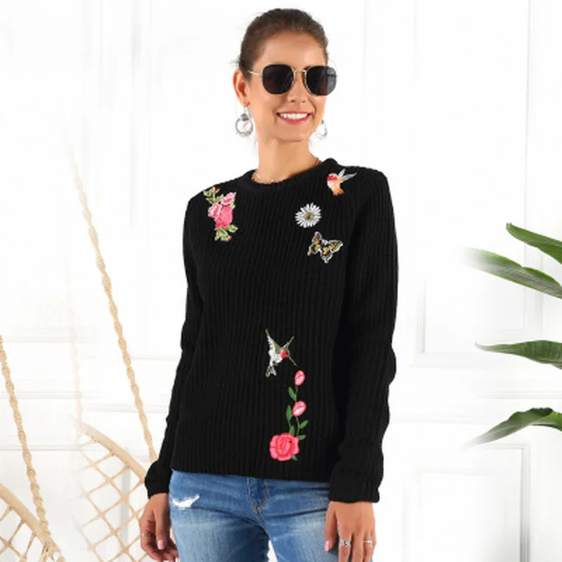 Autumn winter fashion animal embroidery knitted sweater women slim cute pullover ladies kawaii sweaters long sleeve tops warm | Женская