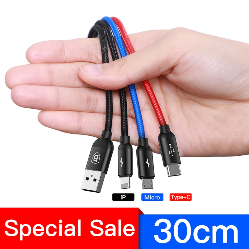 Baseus usb type-C кабель для iPhone 11 XR Кабель зарядного устройства 3 в 1 USB кабель USB C для samsung S10 huawei P30 mate 30 Micro USB кабель - Цвет: 0.3m 3 in 1 Cable