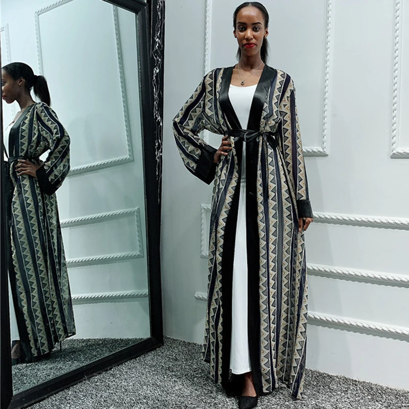 Geometrical Printing Open Kimono Abaya Cardigan Gown Long Sleeves Women Muslim Arab Dubai Turk Modest Wear Chic Dress | Тематическая