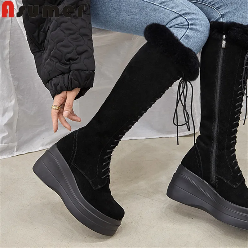 

Asumer Winter Shoes 2021 Newest Suede Leather Knee High Boots Women Round Toe Cross Tied Zip Wedges Platform Shoes Woman