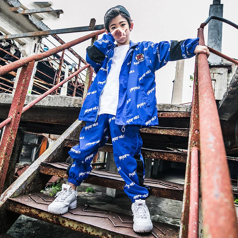 Костюмы для уличных танцев мальчиков детская одежда хип хопа синяя с длинными