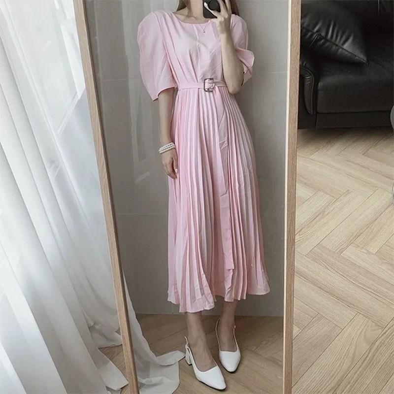 

O Neck Pullover Short Sleeve Dress Women High Waist Hip A Line Pleat Vestidos Slim Waist Sashes Work Style Ol Robe Summer