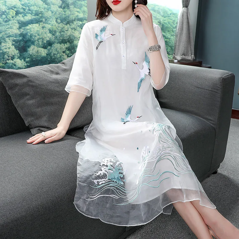 Платье с вышивкой из органзы в китайском стиле для весны и лета женское платье