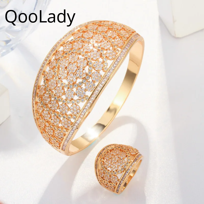 

QooLady Luxury Gold CZ Large Wide Flower Cuff Bangles and Ring for Women Costume Engagement Party Statement Jewelry Sets Z031