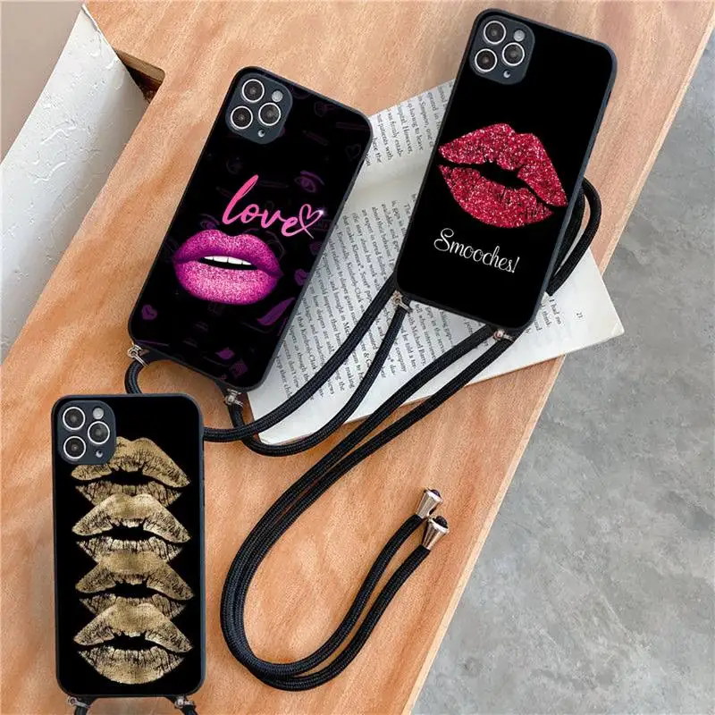

Shiny sexy lips Phone Case For iPhone 7 8 11 12 X XS XR MINI Pro Max Plus Strap Cord Chain Lanyard soft