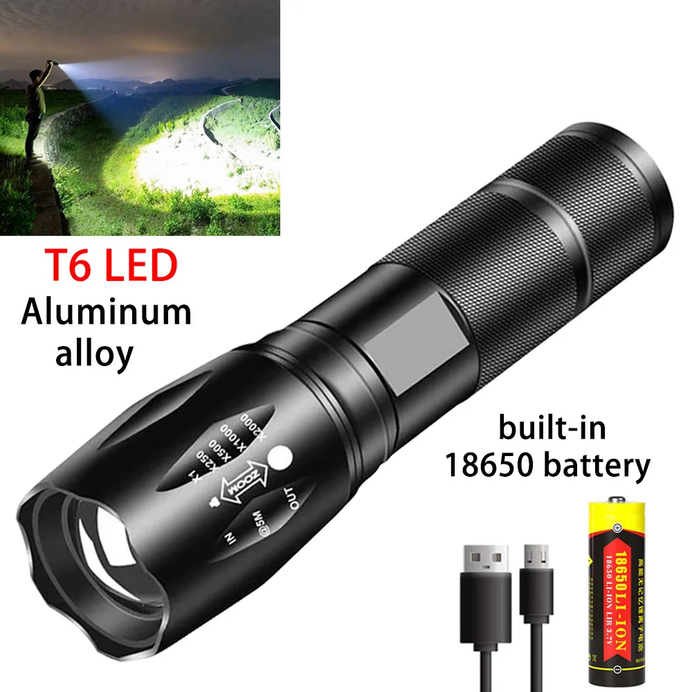 

Powerful T6 LED flashlight, aluminum alloy, USB rechargeable portable flashlight, outdoor camping tactics