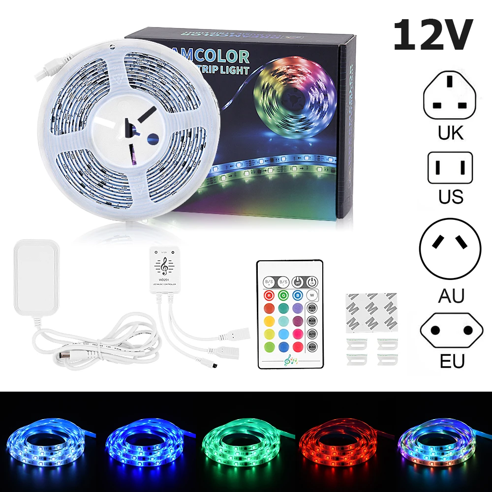 

LED Strip Lights Music Sync 5 Meter LED Light Strip Waterproof 12v Sound Sensor 20Key RF Remote Led Music Controller Led Tape.
