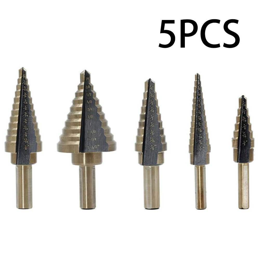 

5pcs Titanium Coated Step Drill Bit Set Cone Hole Cutter Hex Shank Cobalt HSS