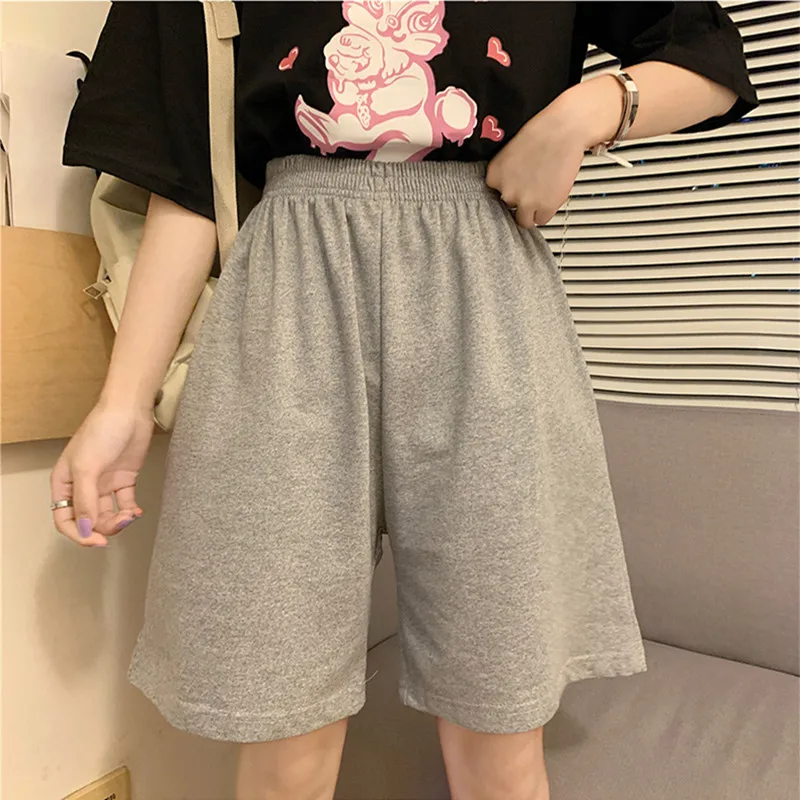 

Korean Pure Cotton Gray Black Women Shorts Fashion Casual Regular Loose Big Size Straight Solid Elasticity Jogger Shorts Female