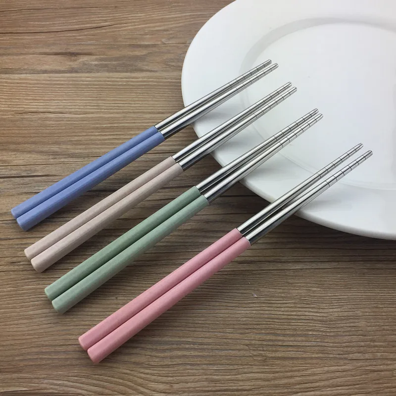 1 Pairs Stainless Steel Chinese Chopsticks Wheat Straw Portable Travel Chopsticks Reusable Food Sticks for Sushi Food