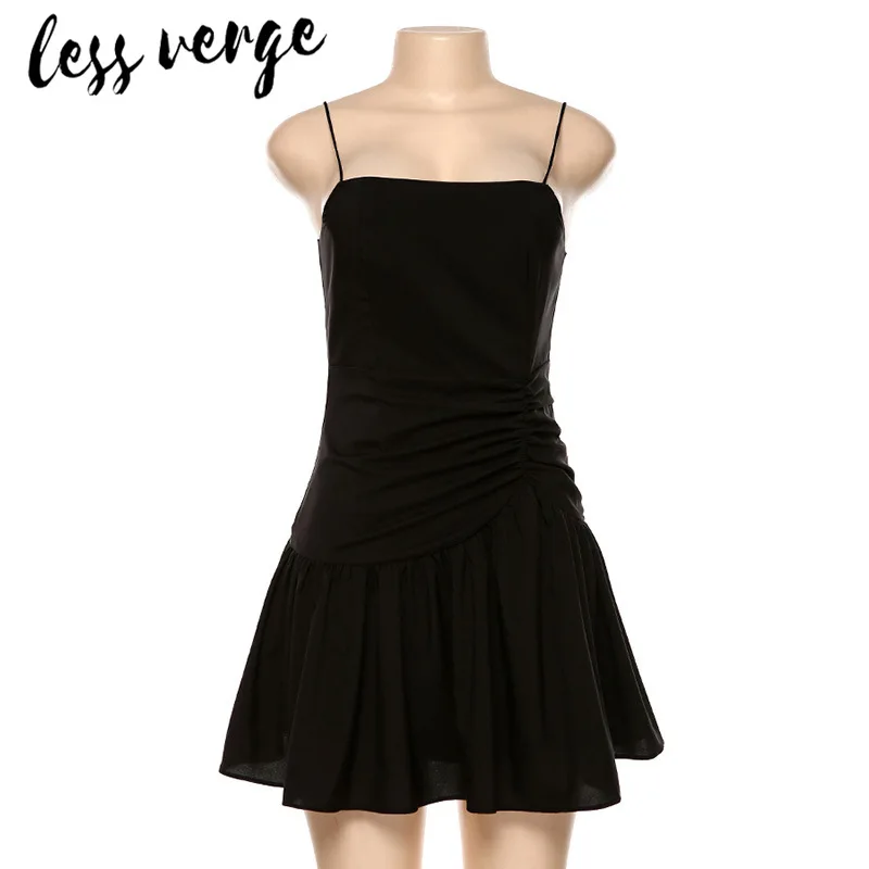 

lessverge Ruffles shirred chiffon short white dress Elegant sleeveless autumn black dress Women casual ladies boho beach dress