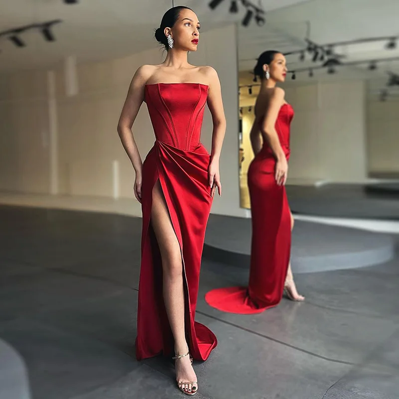 

SEASONS 2021 Autumn Winter Women Satin Tube Corset Maxi Dress High Slit Bodycon Sexy Party Elegant Clothing Evening ASDR84091