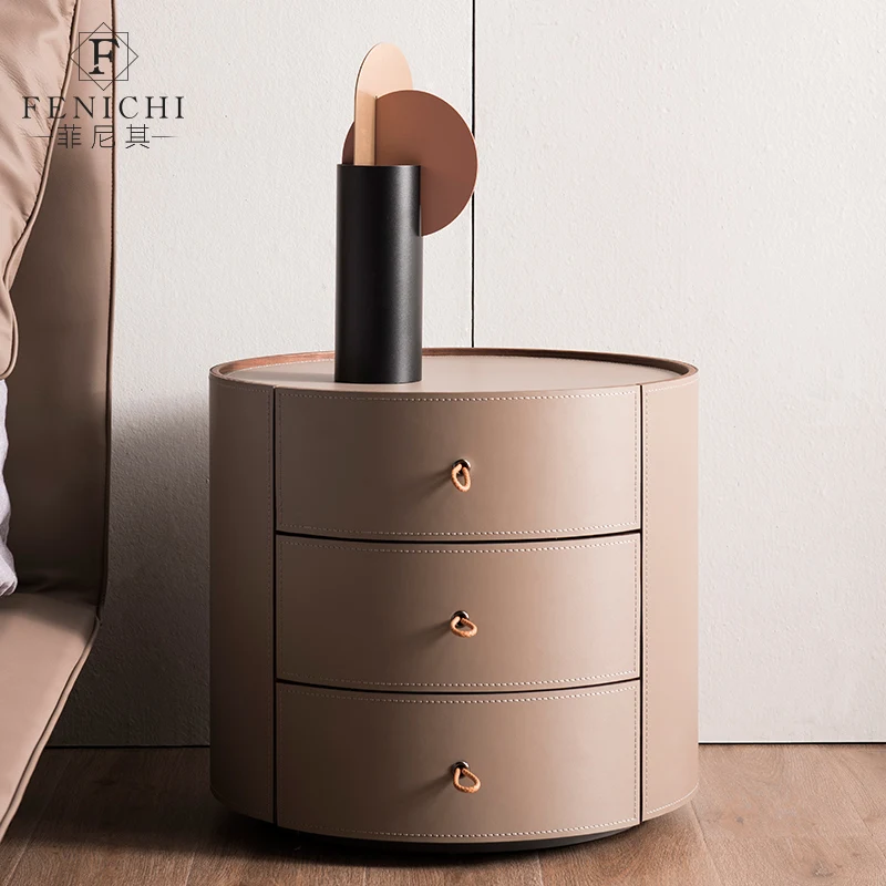 

Italian style simple saddle leather round Bedside Table Walnut three drawer bedroom locker nightstand