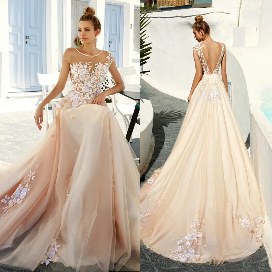 

Sheer Sweetheart Applique Lace Champagne Wedding Dress with Golden Belt A-line Bridal Dress vestido noiva praia