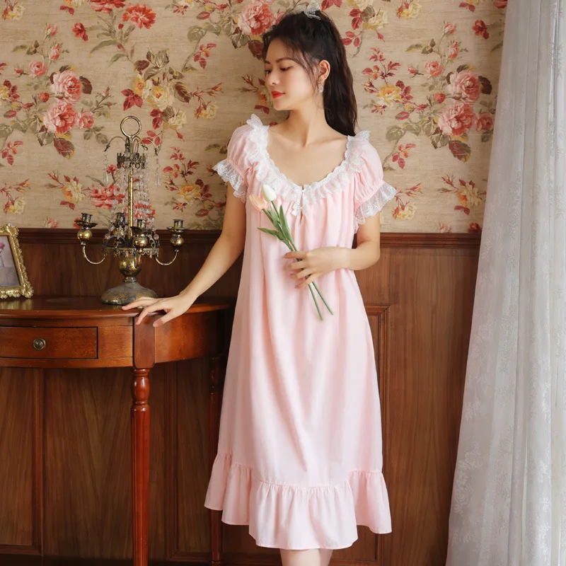 

Fashion Sleepwear Fairy Summer Cotton Loose Short-sleeved Nightdress Palace Princess Home Clothes Chemise De Nuit Femme Longue