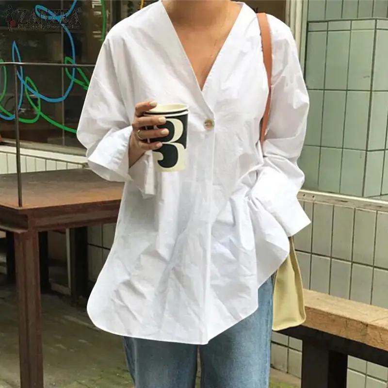 

Women's Stylish Blouse Shirts ZANZEA 2022 Fashion OL Long Sleeve Tops Casual Solid Single Button Loose Oversized Blusa Femininas